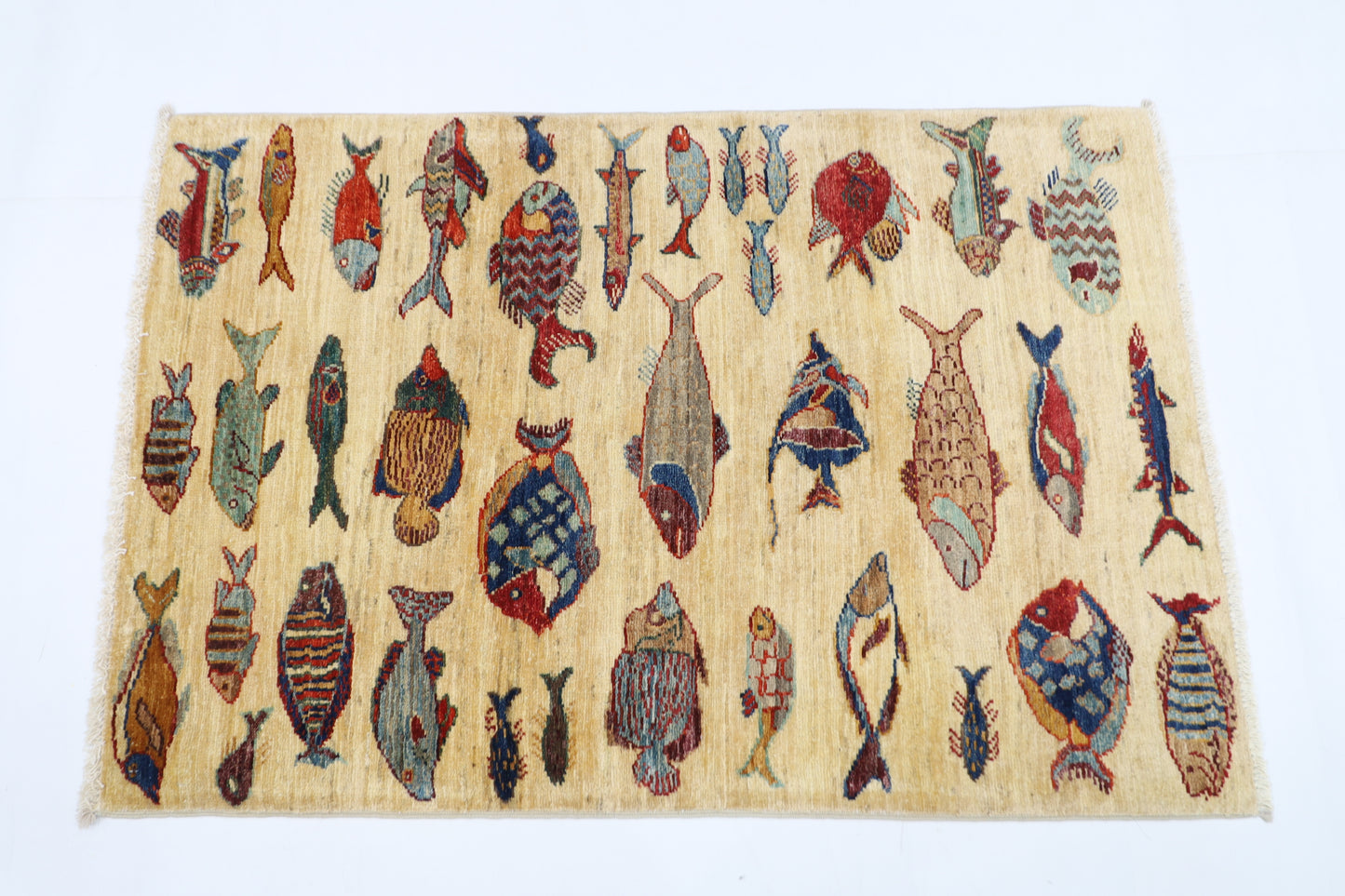 83 x 123 cm | Fish Party Rug Afghan Hand Knotted Veg Dye Wool carpet
