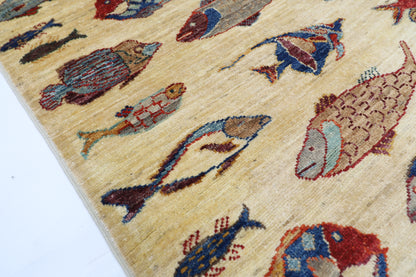 83 x 123 cm | Fish Party Rug Afghan Hand Knotted Veg Dye Wool carpet