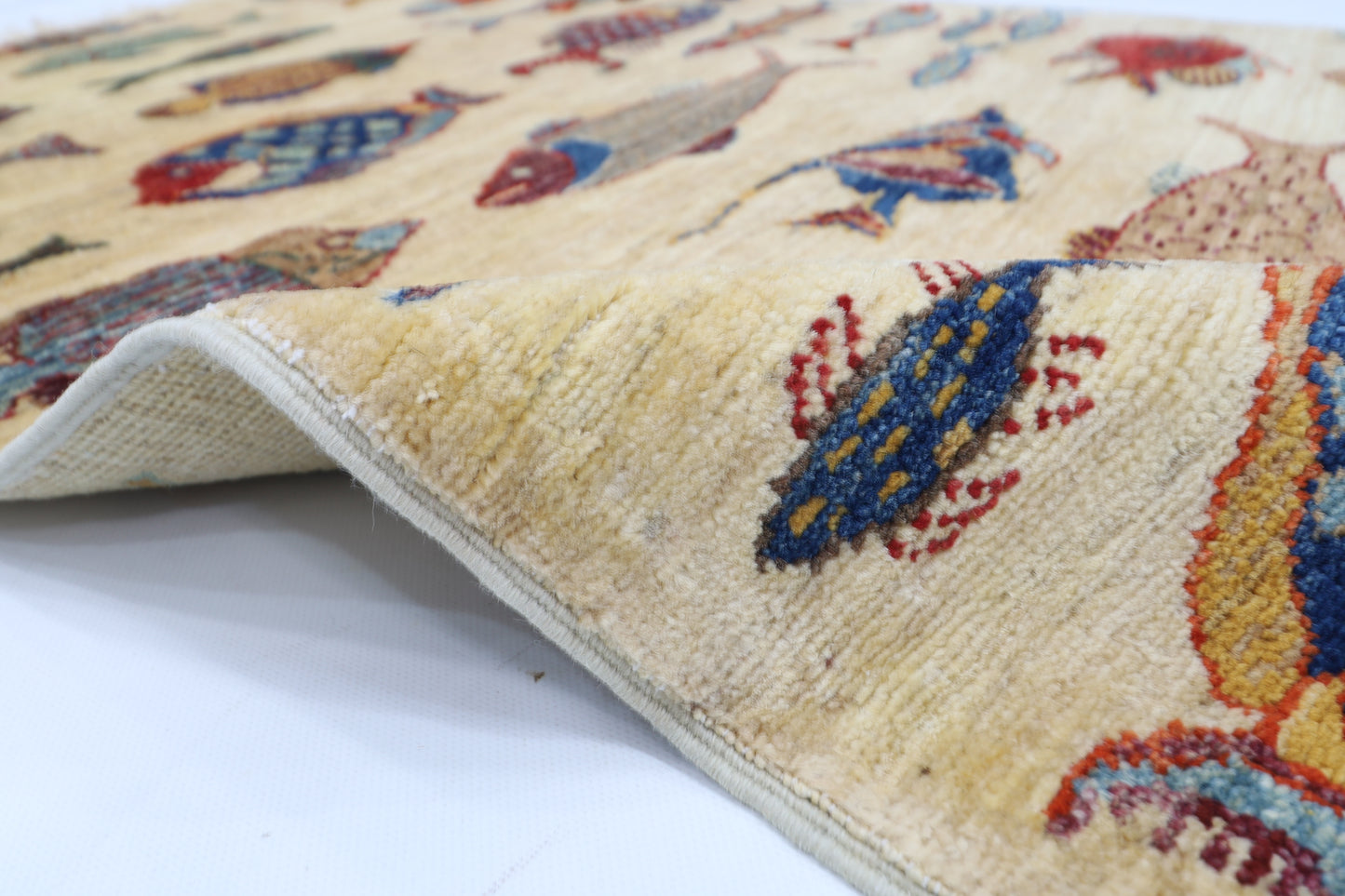 83 x 123 cm | Fish Party Rug Afghan Hand Knotted Veg Dye Wool carpet