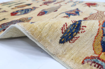 83 x 123 cm | Fish Party Rug Afghan Hand Knotted Veg Dye Wool carpet