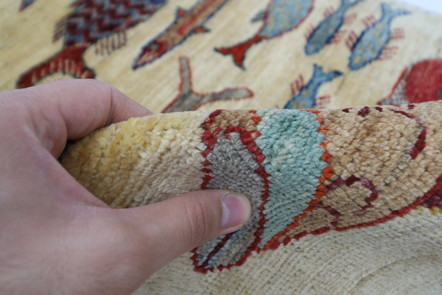 83 x 123 cm | Fish Party Rug Afghan Hand Knotted Veg Dye Wool carpet
