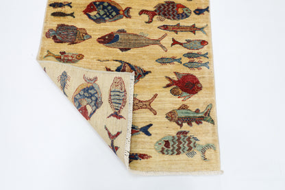 83 x 123 cm | Fish Party Rug Afghan Hand Knotted Veg Dye Wool carpet