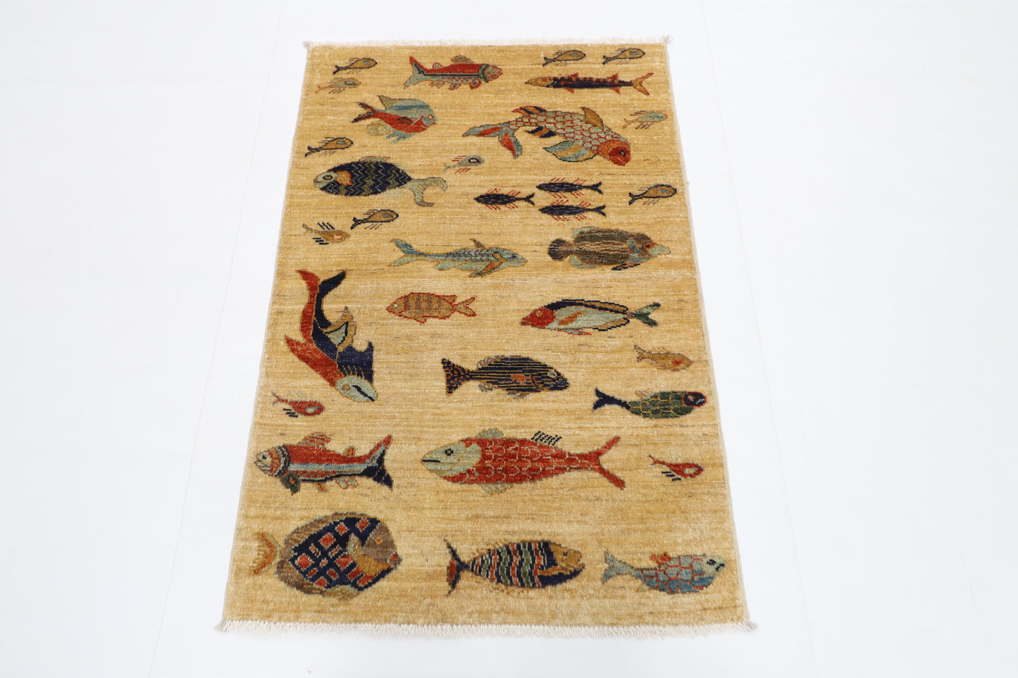 82 x 123 cm | Fish Party Rug Afghan Hand Knotted Veg Dye Wool carpet
