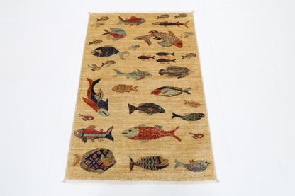 82 x 123 cm | Fish Party Rug Afghan Hand Knotted Veg Dye Wool carpet