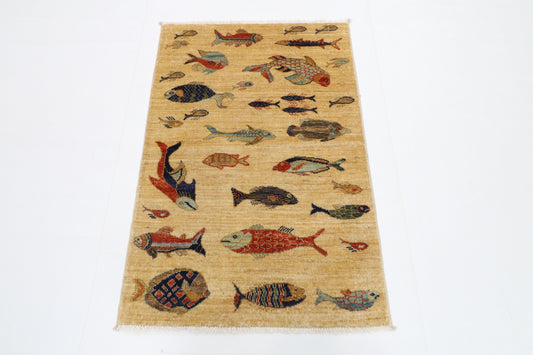 82 x 123 cm | Fish Party Rug Afghan Hand Knotted Veg Dye Wool carpet