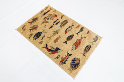 82 x 123 cm | Fish Party Rug Afghan Hand Knotted Veg Dye Wool carpet