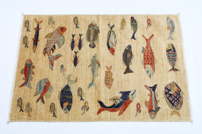82 x 123 cm | Fish Party Rug Afghan Hand Knotted Veg Dye Wool carpet