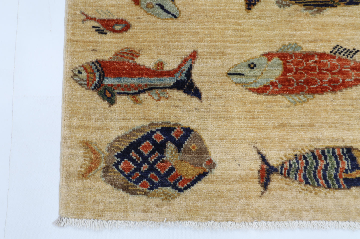 82 x 123 cm | Fish Party Rug Afghan Hand Knotted Veg Dye Wool carpet
