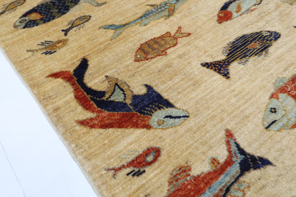 82 x 123 cm | Fish Party Rug Afghan Hand Knotted Veg Dye Wool carpet