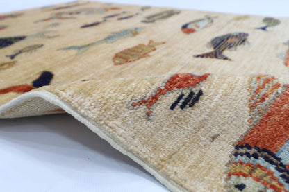 82 x 123 cm | Fish Party Rug Afghan Hand Knotted Veg Dye Wool carpet
