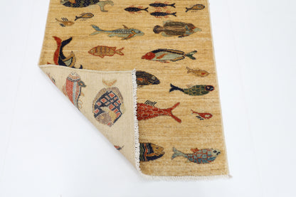82 x 123 cm | Fish Party Rug Afghan Hand Knotted Veg Dye Wool carpet