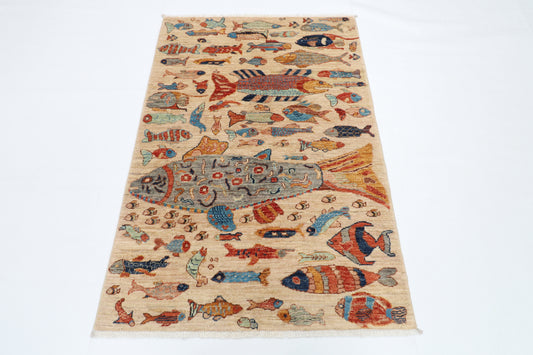 100 x 150 cm | Fish Party Rug Afghan Hand Knotted Veg Dye Wool carpet