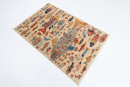 100 x 150 cm | Fish Party Rug Afghan Hand Knotted Veg Dye Wool carpet