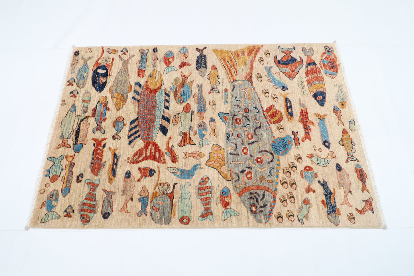 100 x 150 cm | Fish Party Rug Afghan Hand Knotted Veg Dye Wool carpet