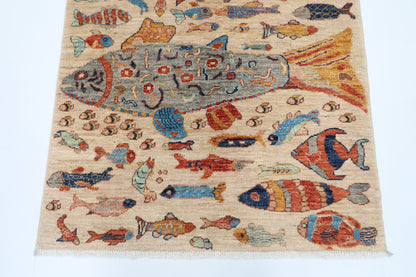 100 x 150 cm | Fish Party Rug Afghan Hand Knotted Veg Dye Wool carpet