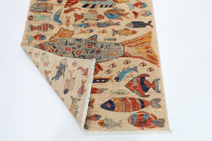 100 x 150 cm | Fish Party Rug Afghan Hand Knotted Veg Dye Wool carpet