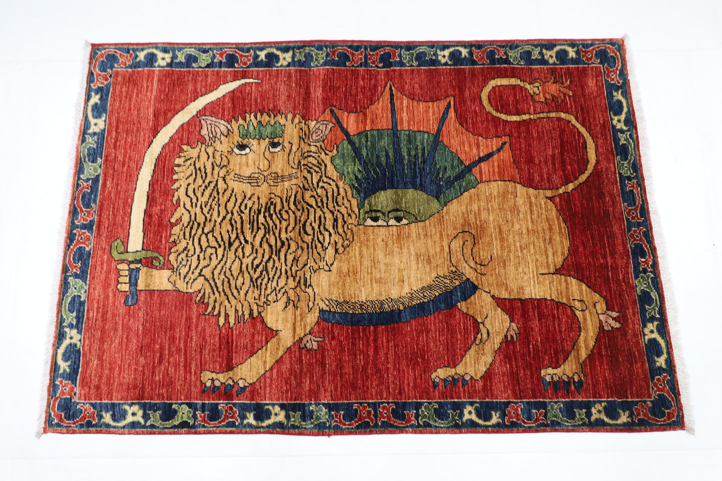 100 x 145 cm | Lion Tribal Rug Afghan Hand Knotted Veg Dye Wool carpet