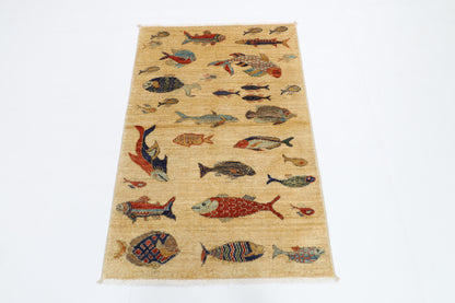 82 x 123 cm | Fish Party Rug Afghan Hand Knotted Veg Dye Wool carpet