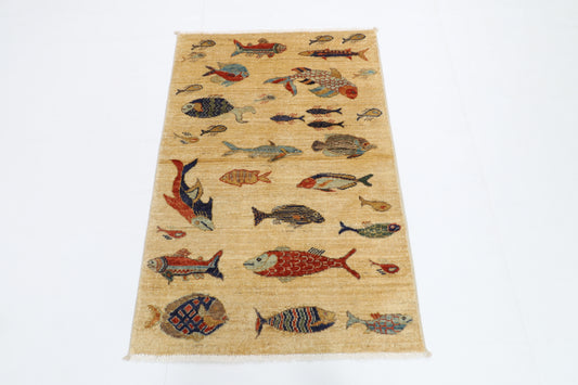 82 x 123 cm | Fish Party Rug Afghan Hand Knotted Veg Dye Wool carpet