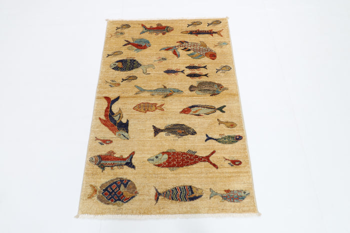 82 x 123 cm | Fish Party Rug Afghan Hand Knotted Veg Dye Wool carpet