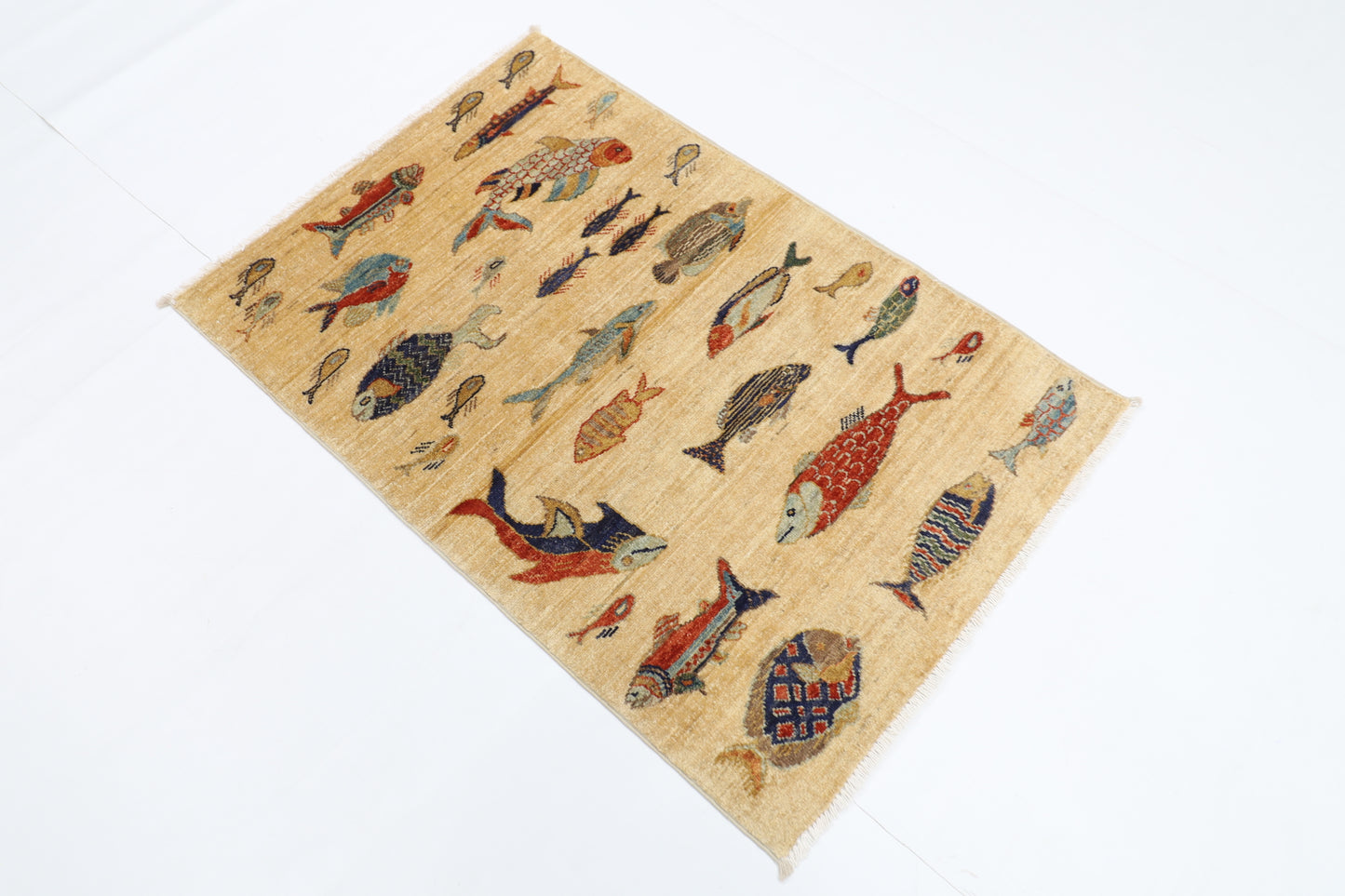 82 x 123 cm | Fish Party Rug Afghan Hand Knotted Veg Dye Wool carpet