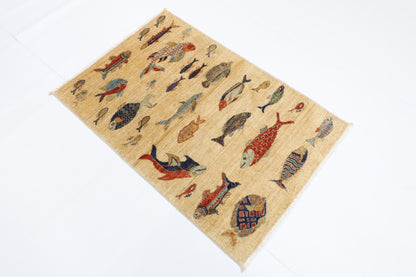 82 x 123 cm | Fish Party Rug Afghan Hand Knotted Veg Dye Wool carpet