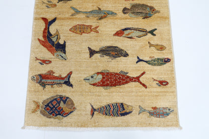 82 x 123 cm | Fish Party Rug Afghan Hand Knotted Veg Dye Wool carpet