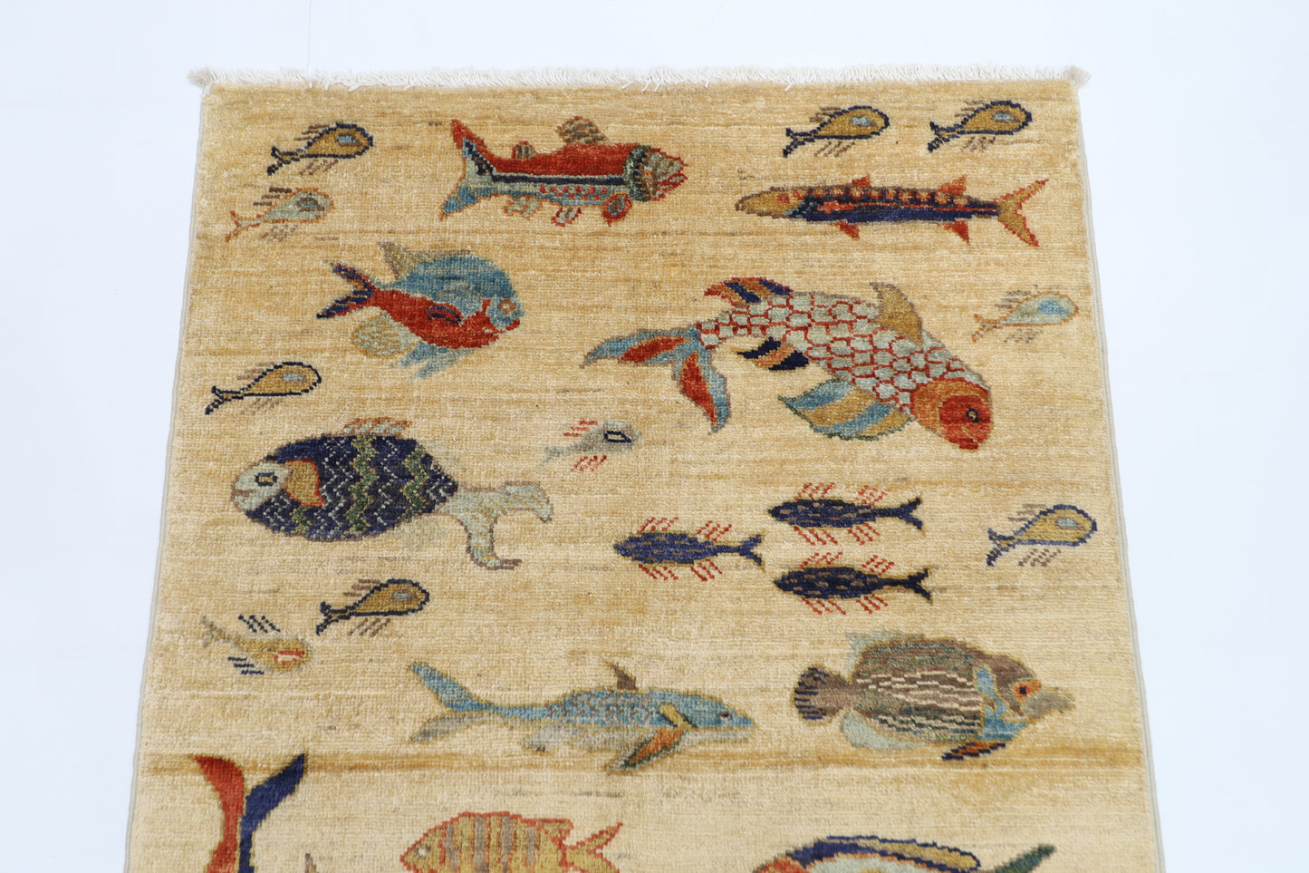 82 x 123 cm | Fish Party Rug Afghan Hand Knotted Veg Dye Wool carpet