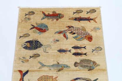 82 x 123 cm | Fish Party Rug Afghan Hand Knotted Veg Dye Wool carpet