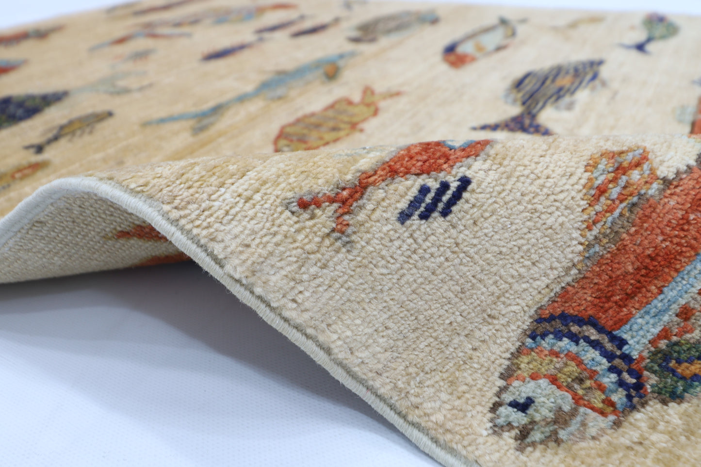 82 x 123 cm | Fish Party Rug Afghan Hand Knotted Veg Dye Wool carpet