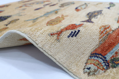 82 x 123 cm | Fish Party Rug Afghan Hand Knotted Veg Dye Wool carpet