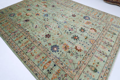 276 x 360 cm | Sultani Green Afghan Tribal Hand Knotted Wool Carpet .