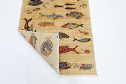82 x 123 cm | Fish Party Rug Afghan Hand Knotted Veg Dye Wool carpet