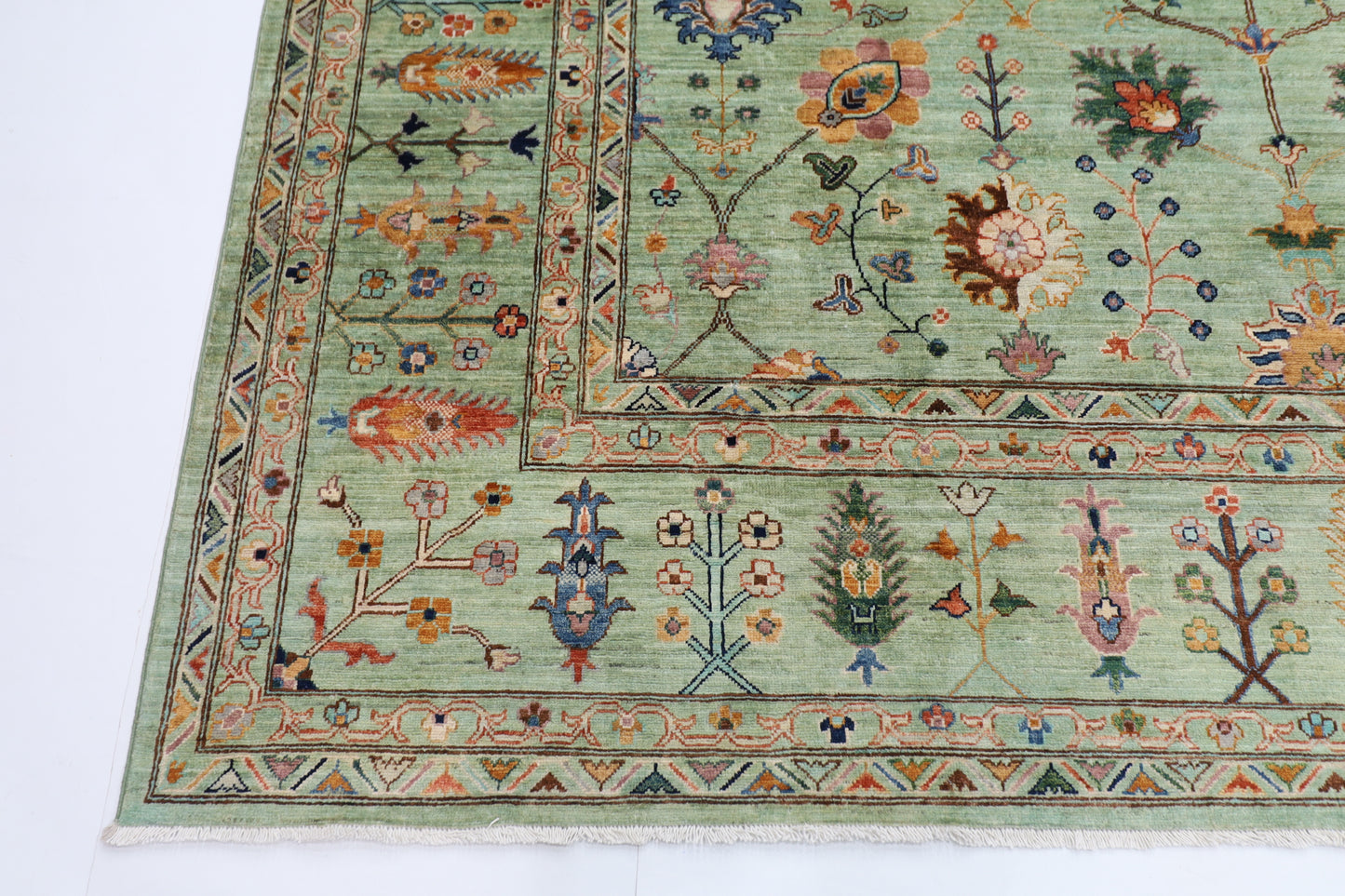 276 x 360 cm | Sultani Green Afghan Tribal Hand Knotted Wool Carpet .