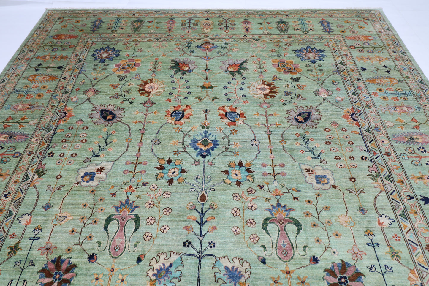 276 x 360 cm | Sultani Green Afghan Tribal Hand Knotted Wool Carpet .