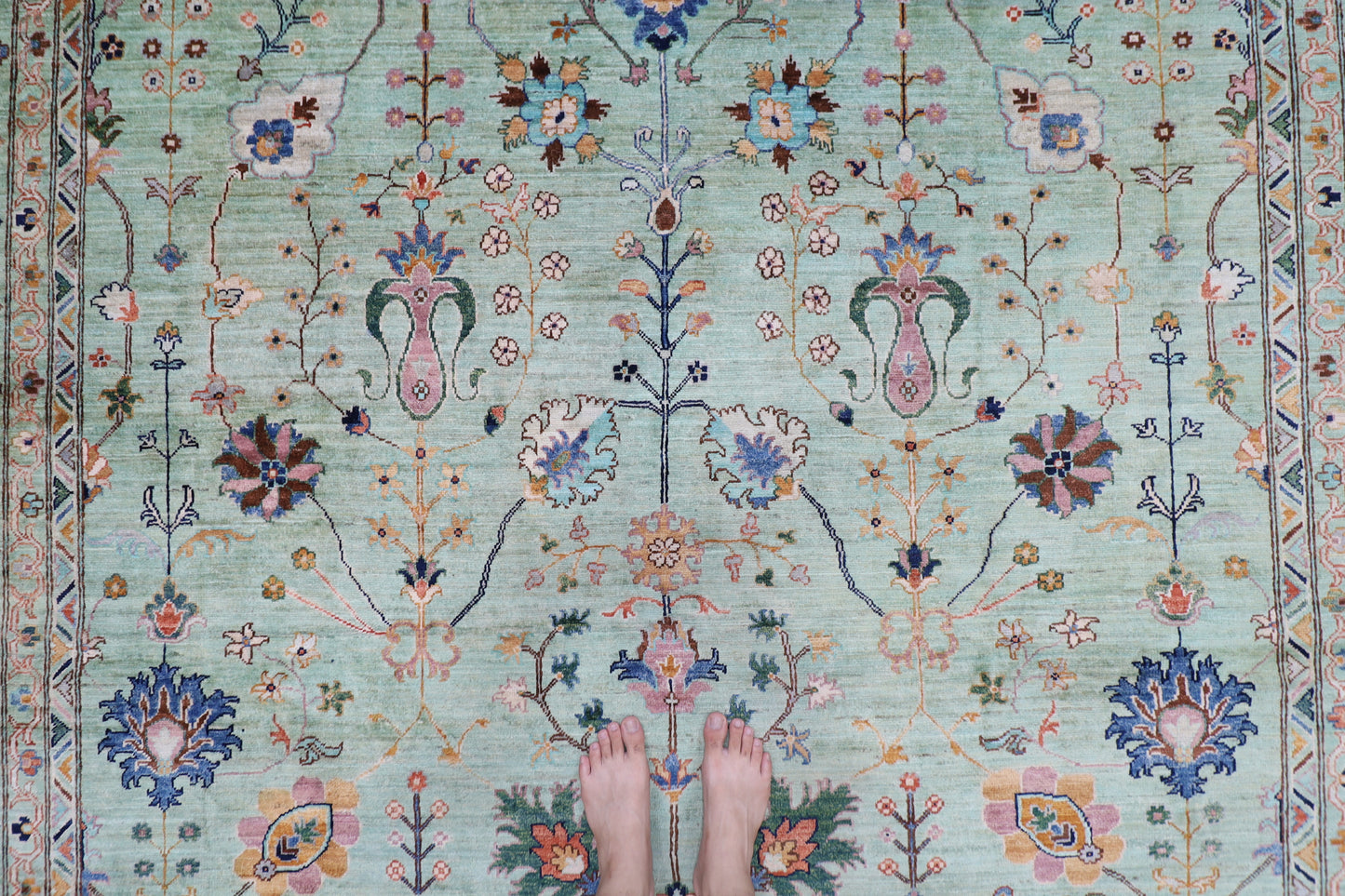 276 x 360 cm | Sultani Green Afghan Tribal Hand Knotted Wool Carpet .