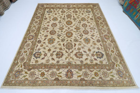 242 x 292 cm | Beige Floral Afghan Tribal Hand Knotted Wool Carpet