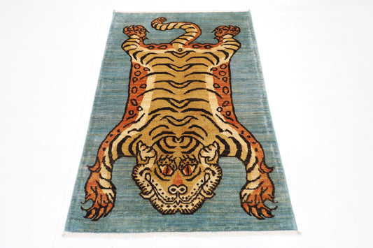 94 x 144 cm | Tibetan Tiger Rug Afghan Hand Knotted Veg Dye Wool carpet