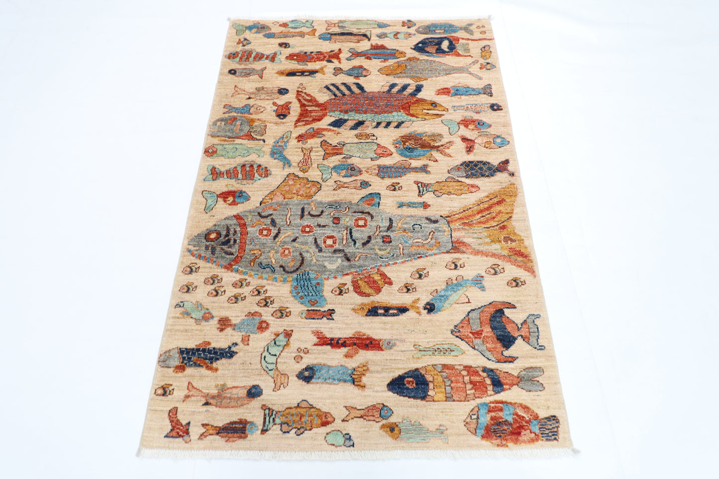102 x 152 cm | Fish Party Rug Afghan Hand Knotted Veg Dye Wool carpet