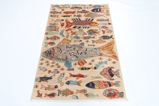 102 x 152 cm | Fish Party Rug Afghan Hand Knotted Veg Dye Wool carpet