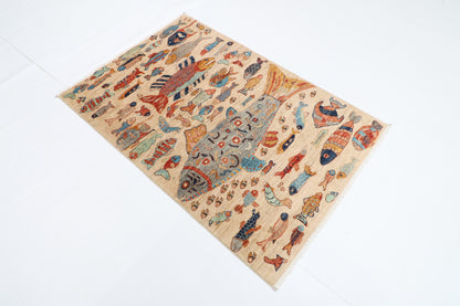 102 x 152 cm | Fish Party Rug Afghan Hand Knotted Veg Dye Wool carpet