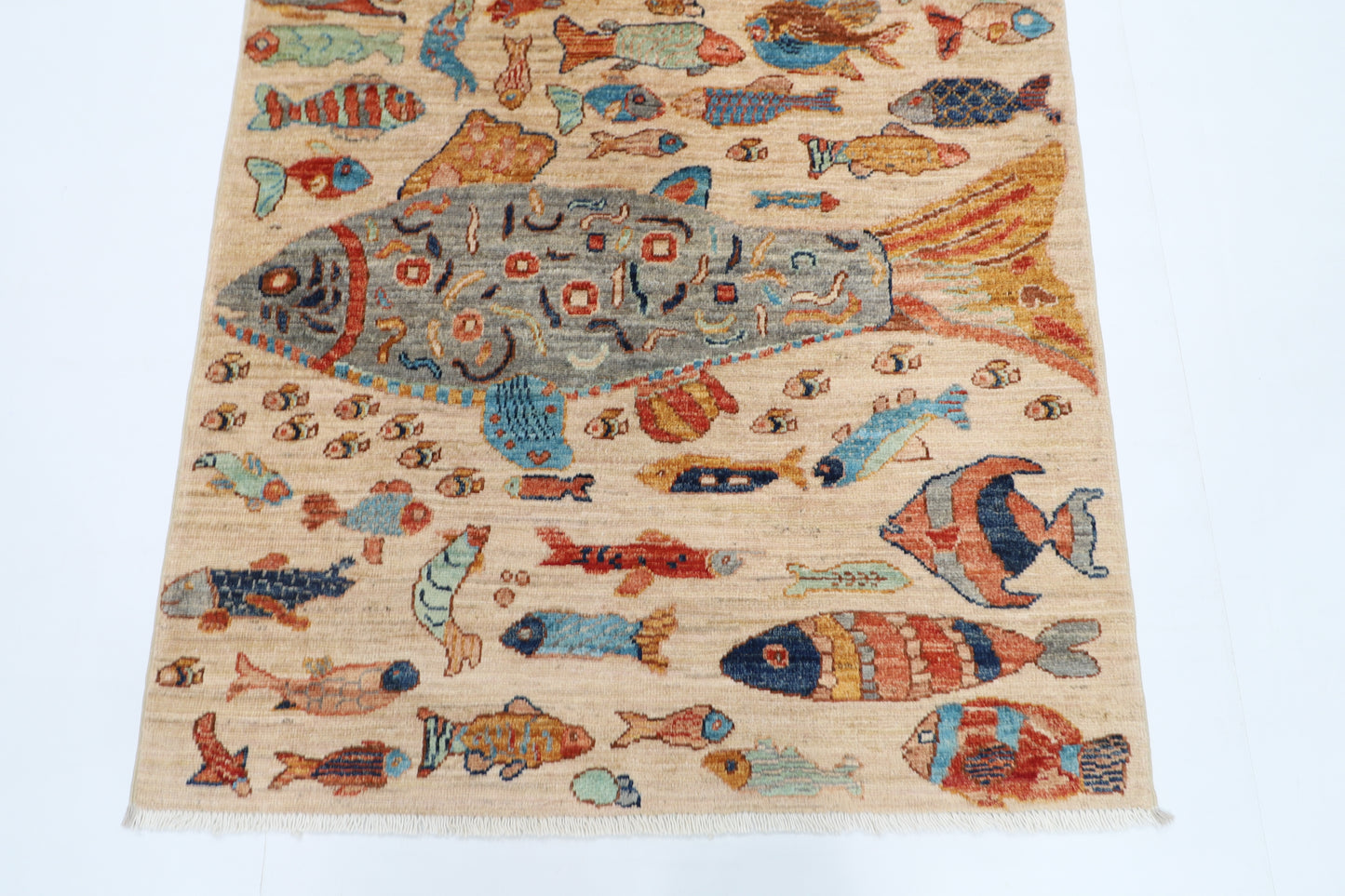 102 x 152 cm | Fish Party Rug Afghan Hand Knotted Veg Dye Wool carpet