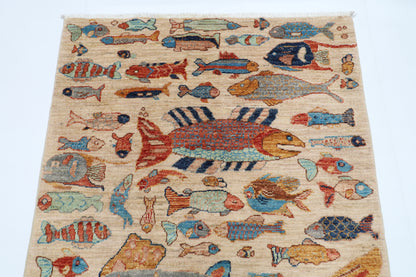 102 x 152 cm | Fish Party Rug Afghan Hand Knotted Veg Dye Wool carpet