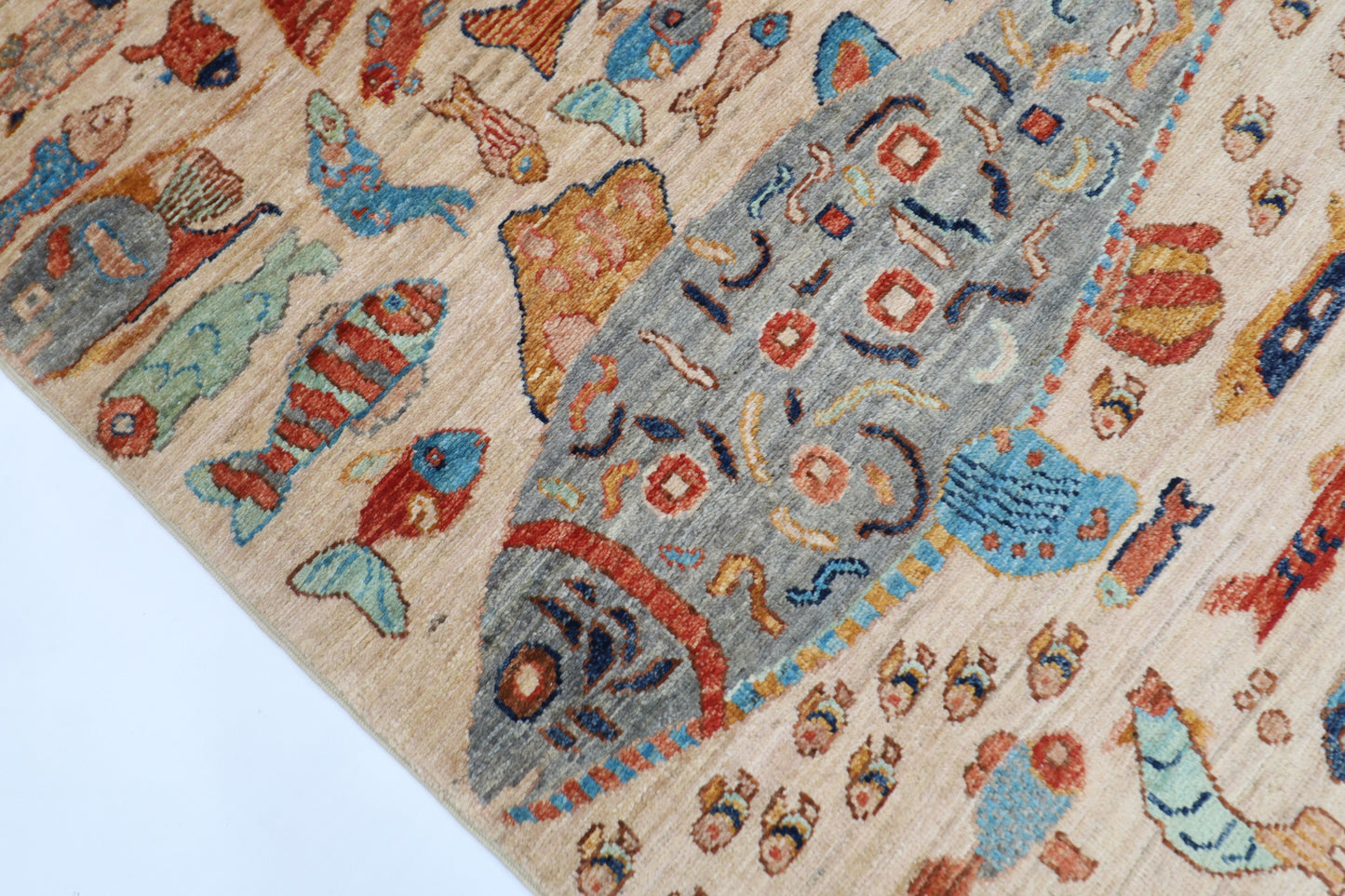 102 x 152 cm | Fish Party Rug Afghan Hand Knotted Veg Dye Wool carpet