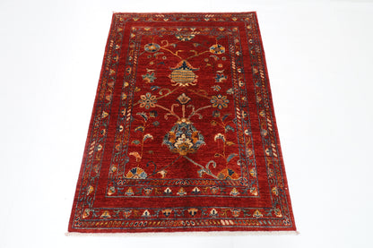 102 x 145 cm | Floral Red Area Rug Afghan Hand Knotted Veg Dye Wool carpet