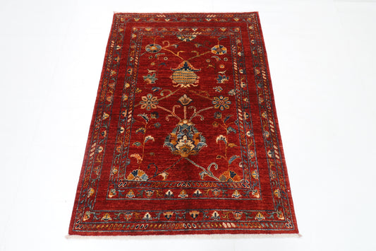 102 x 145 cm | Floral Red Area Rug Afghan Hand Knotted Veg Dye Wool carpet