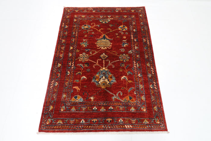 102 x 145 cm | Floral Red Area Rug Afghan Hand Knotted Veg Dye Wool carpet