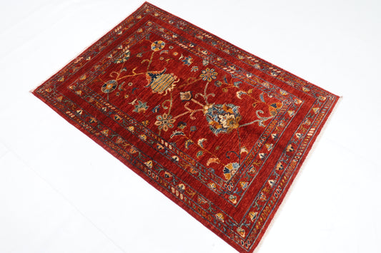 102 x 145 cm | Floral Red Area Rug Afghan Hand Knotted Veg Dye Wool carpet