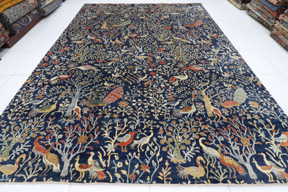 300 x 420 cm | Birds Navy Blue Afghan Tribal Hand Knotted Carpet