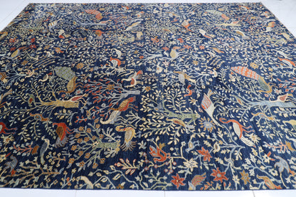 300 x 420 cm | Birds Navy Blue Afghan Tribal Hand Knotted Carpet